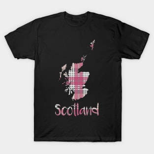 Scotland Pink, White and Grey Tartan Map Typography Design T-Shirt